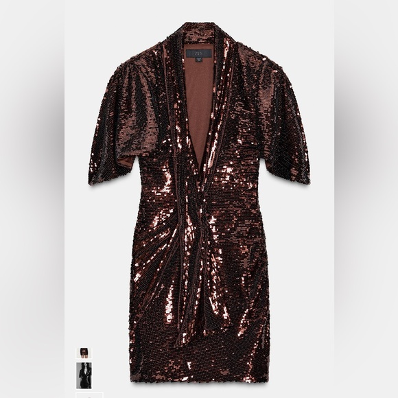Zara short sequin dress V neck mini dress with cape NWT Mink Viral SOLD OUT!! - Picture 5 of 6